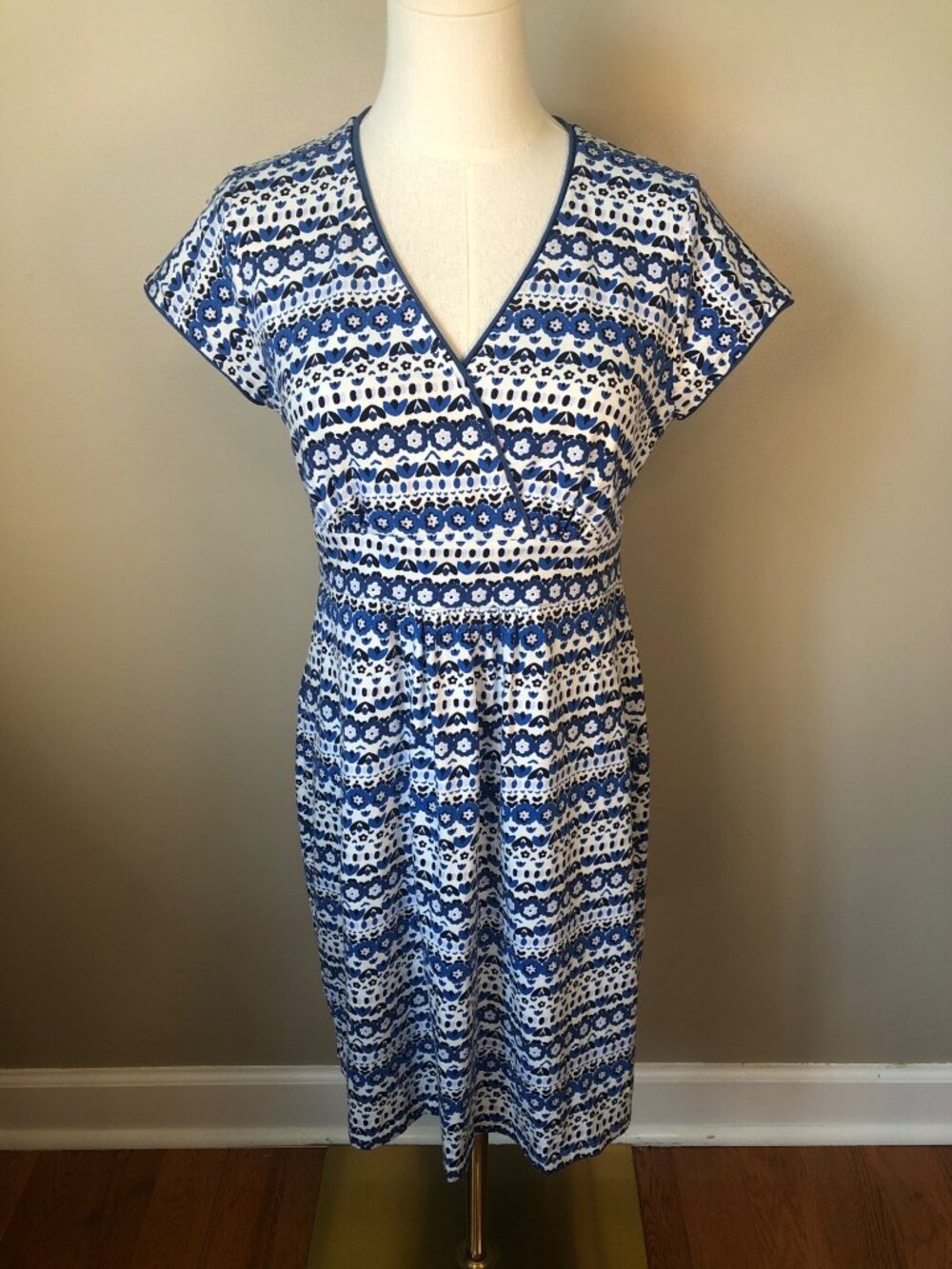 Boden Blue & White Geometric Print Cotton Stretch Faux Wrap Jersey Dress Size 8P